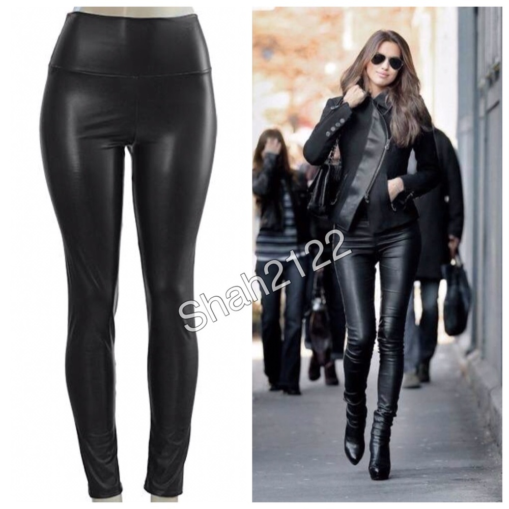Black Leather Faux Vegan Leggings High Waist Tummy Control - Picture 2 of 4